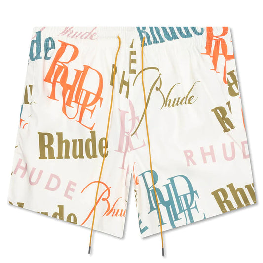 Rhude Mash-Up Logo Swim Trunks Creme/Multi